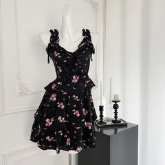 BXOXO - summer inspo Floral Flower Print Black Slip Mini Dress Women 2025 Summer Vintage Elegant Beach Casual Party Short Dresses
