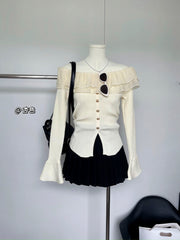 BXOXO - summer inspo French Style Flounce Sweater Chic Off-the-Shoulder 2025 Fall Flared Sleeves Long-sleeved Design Knit Cardigan Casual New Top