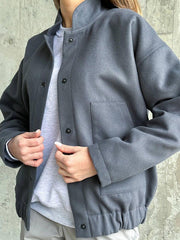 BXOXO Long Sleeves Loose Buttoned Elasticity Pockets Solid Color Split-Joint Stand Collar Jackets Outerwear