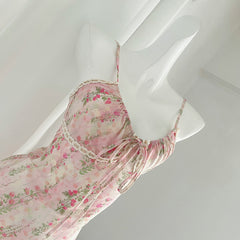 BXOXO - summer inspo 2025 Summer V-Neck Floral Suspender Dresses For Women High Waist Slim Fit Sexy Vintage Printing Dress French Gentle Style