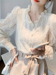 BXOXO Long Sleeve Elegant Lace Cardigan - Floral Patterns, Ruffle Detail, Machine Washable V-Neck - Ideal for Spring & Autumn Fashion