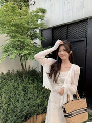 BXOXO Chic Long Sleeve Crop Cardigan - Soft Solid Color, Button Front, Thin, Lettuce Trim, Stylish for Spring & Summer - Women's Fashion Clothing for Everyday Wear