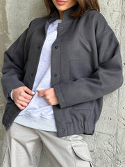 BXOXO Long Sleeves Loose Buttoned Elasticity Pockets Solid Color Split-Joint Stand Collar Jackets Outerwear