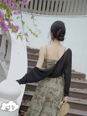 BXOXO Long Sleeve Chic Floral Print Cami Dress Set with Open Front Crop Cardigan & Square Neck Sleeveless A-line Drawstring Ruched Outfits for Women