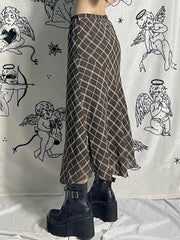 Vintage Plaid Splice Midi Skirt