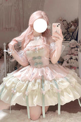 BXOXO - Pink/Green Love God's Promise Sleeveless Multi-layer Ruffle Sweet Elegant Princess Lolita Dress