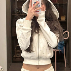 BXOXO Hot Girl Zip Up Hoodie White Rhinestone Short Long Sleeves Hoody Harajuku Casual Kpop Punk Sweatshirt Top Women Y2k Hoodies Coat