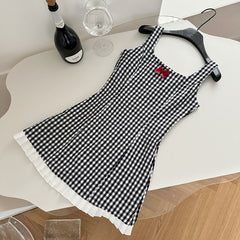 BXOXO - summer inspo 2025 Summer Women's Black and White Plaid Suspended Dress Bow Short Dress Elegant Casual Sleeveless Dresses