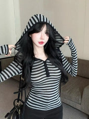 BXOXO Y2K Gothic Hoodie 90s Korea kpop Pullovers Tops Slim Stripe Long Sleeves Casual Tee shirts Hot Girl Sexy Sweatshirt Sweet Hooded