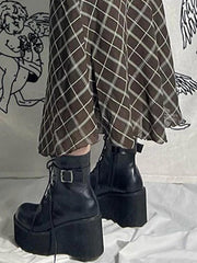 Vintage Plaid Splice Midi Skirt