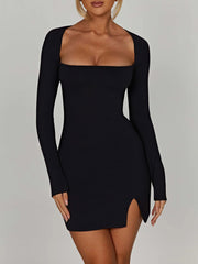 BXOXO - summer inspo Backless Lace-Up Slim Sexy Black Short Dress Women Square Collar Solid Split Elegant Basic Long Sleeve Baddie Clubwear