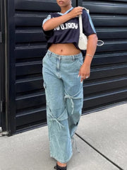 BXOXO Bowknot Pocket Wide Leg Jeans Women Y2k Low Rise Sweet Casual Denim Trousers Coquette Baggy Cargo Jeans Gyaru Streetwear
