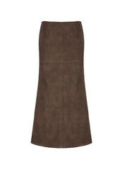 Vintage Brown Back Slit Low Waist Leather Maxi Skirt