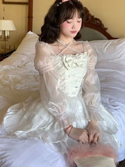 BXOXO party look inspos Japanese Lolita White Sweet Fairy Dress Women Bow Square Collar Kawaii Party Mini Dress Female Autumn Casual Fashion Chic Dress