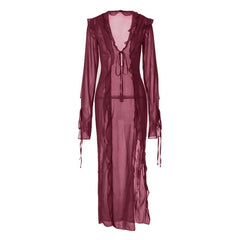 Slit Chiffon See Through Long Sleeve V Neck Self Tie Maxi Dress