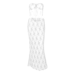 Lace Contrast Self Tie Backless Tube Maxi Skirt Set