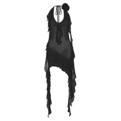 See Through Halter Sheer Mesh Ruffle Flower Applique Mini Dress