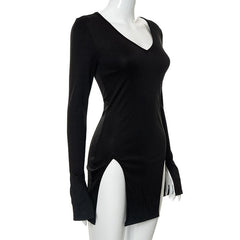 Long Sleeve Deep V Neck Slit Solid Mini Dress