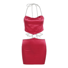 Halter Self Tie Backless Zip-Up Solid Cowl Neck Mini Skirt Set