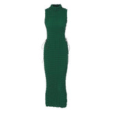 High Neck Lace Up Side Solid Waffle Sleeveless Midi Dress