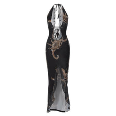 BXOXO Halter Self Tie Backless Slit Ruffle Scorpion Print Contrast Maxi Dress