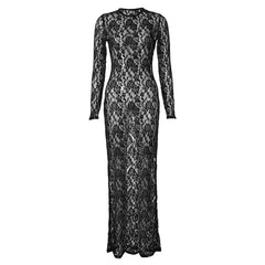 Lace See Through Long Sleeve Solid Crewneck Maxi Dress