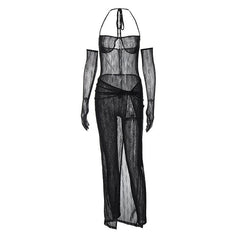 Sheer Mesh Solid Halter Self Tie Gloves Backless Jumpsuit Skirt Set