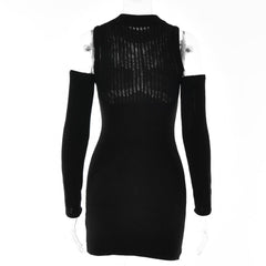 Long Sleeve Solid Off Shoulder Crochet Hollow Out Cut Out Mini Dress