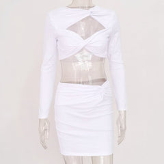 Asymmetrical Knotted Hollow Out Solid Long Sleeve Skirt Set