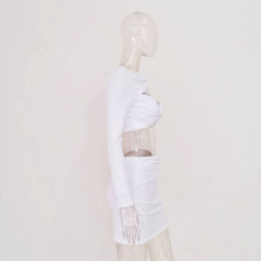 Asymmetrical Knotted Hollow Out Solid Long Sleeve Skirt Set