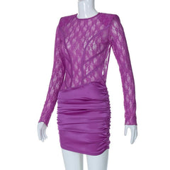 Lace See Through Satin Ruched Hollow Out Long Sleeve Cut Out Mini Dress