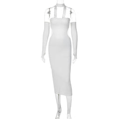 Gloves Halter Solid Button Hollow Out Backless Cut Out Midi Dress