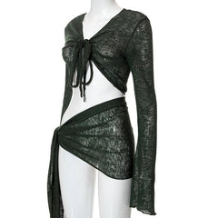 Sheer Mesh See Through V Neck Knotted Irregular Long Sleeve Skirt Set