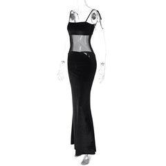 Self Tie Mesh Patchwork Backless Velvet Solid Cami Maxi Dress