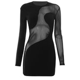 Fishnet Solid Long Sleeve Patchwork Irregular Mini Dress