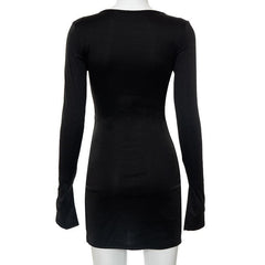 Long Sleeve Deep V Neck Slit Solid Mini Dress