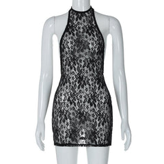 Lace See Through Halter Backless Solid Mini Dress