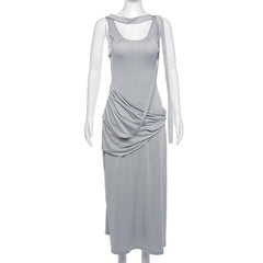 Ruched Solid Sleeveless U Neck Irregular Midi Dress