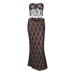 Lace Contrast Self Tie Backless Tube Maxi Skirt Set