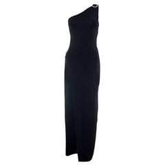 Buckle One Shoulder Slit Irregular Solid Maxi Dress