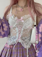 Lace Up Sheer Mesh Cami Top