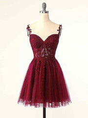 BXOXO Burgundy A-Line Tulle Lace Short Prom Dress, Cute Burgundy Homecoming Dress