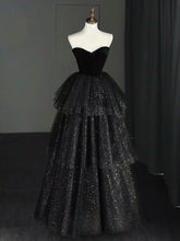 BXOXO A-Line Sweetheart Neck Tulle Velvet Black Long Prom Dress, Black Evening Dress