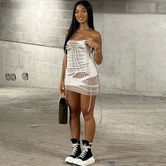 Slashed Strappy Ladder Cutout Bodycon Strapless Club Mini Dress
