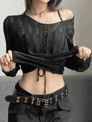 Tie Front Distressed Sheer Knit Top