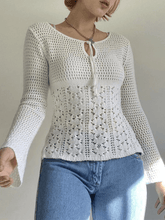 Tie Front White Open Knit Top