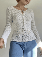 Tie Front White Open Knit Top