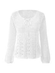 Tie Front White Open Knit Top