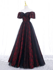 BXOXO A-Line Tulle Lace Burgundy Long Prom Dress, Burgundy Long Formal Dress