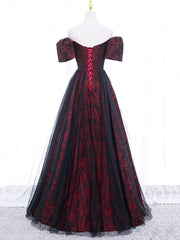 BXOXO A-Line Tulle Lace Burgundy Long Prom Dress, Burgundy Long Formal Dress